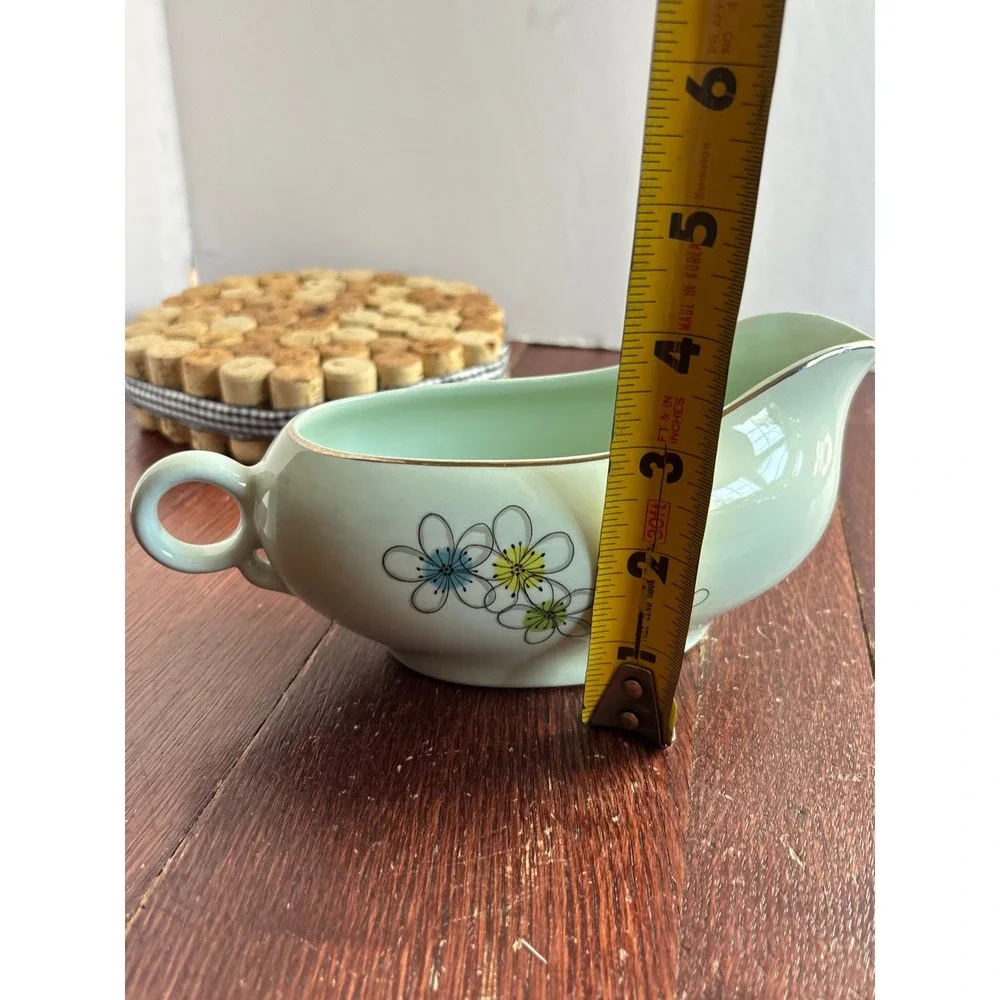 Vintage Mid‎ Century Mint Green Floral Gravy Boat Atomic Flower Ceramic Gold Rim